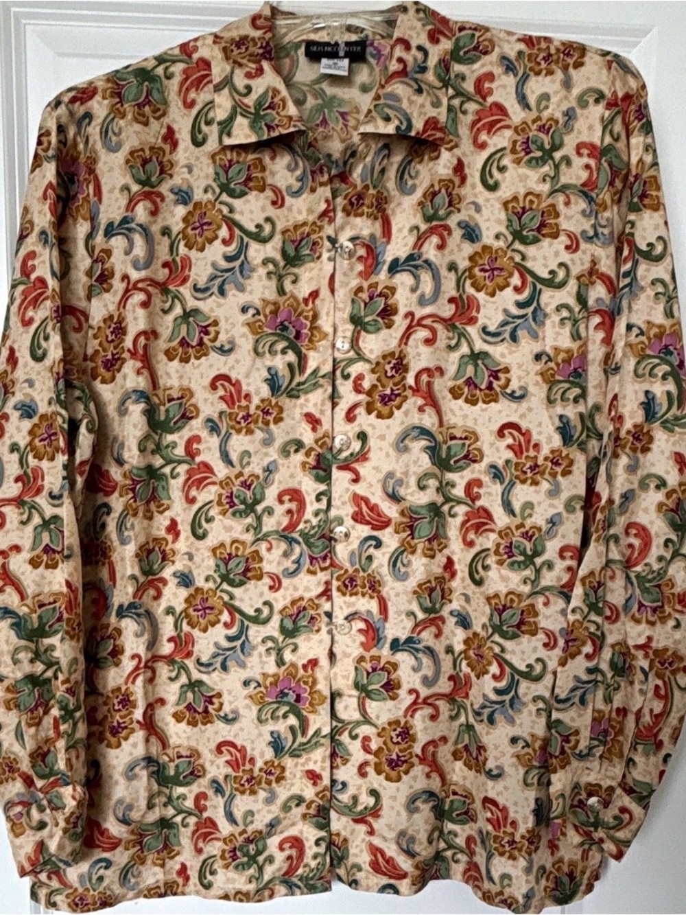 Vintage 100% Silk Floral Button-Up Blouse Size M